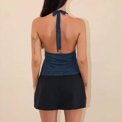 🌸 Top Crop de Encaje Coquette para Mujer – Escote Bajo en V, Halterneck con Lazo, Espalda Descubierta y Ajuste Slim