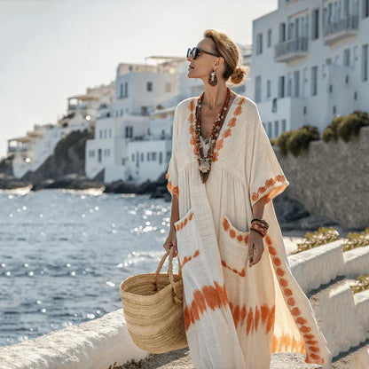 Vestido de praia Maxi Boémio Feminino com Bolsos e Decote em V