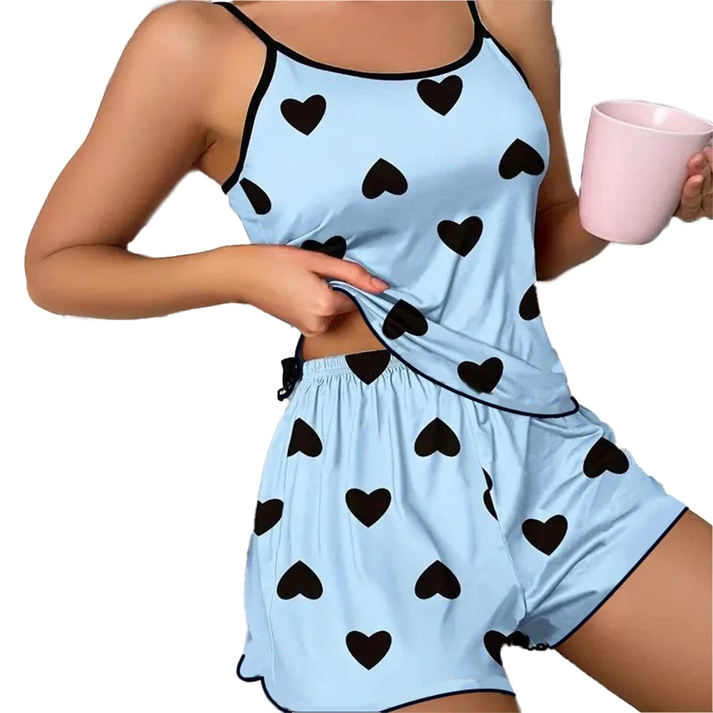 Conjunto de Pijama para Mujer – Camiseta y Shorts con Estampado de Corazones Rosas