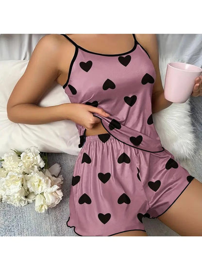 Conjunto de Pijama para Mujer – Camiseta y Shorts con Estampado de Corazones Rosas