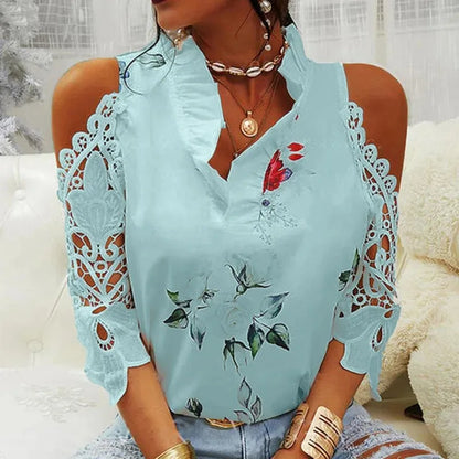 Top feminino de verão, casual e sensual, com detalhe vazado e estampado floral, blusa elegante para mulher com decote em V, mangas curtas em renda, camisa/blusa feminina, modelo 19361.