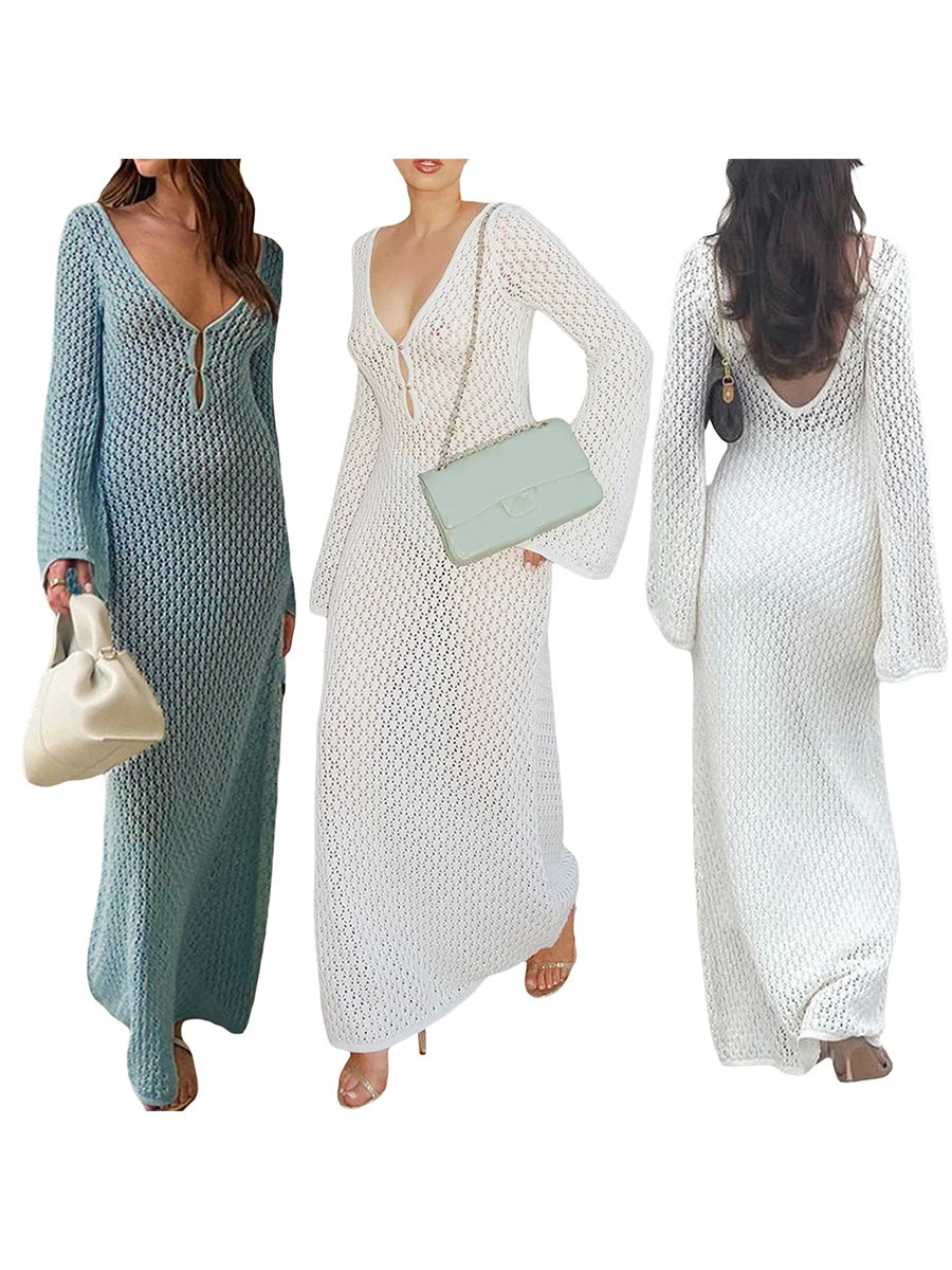 🌟 Vestido Elegante de Punto para Mujer – Manga Acampanada de Crochet, Escote en V Bajo, Espalda Descubierta, Estilo Playa y Fiesta