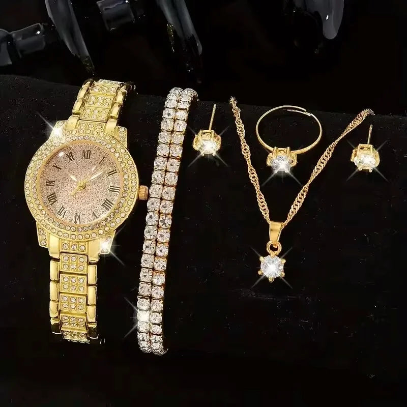 Reloj Elegante para Mujer – Set de 6 Piezas con Pulseras de Aleación y Cristales