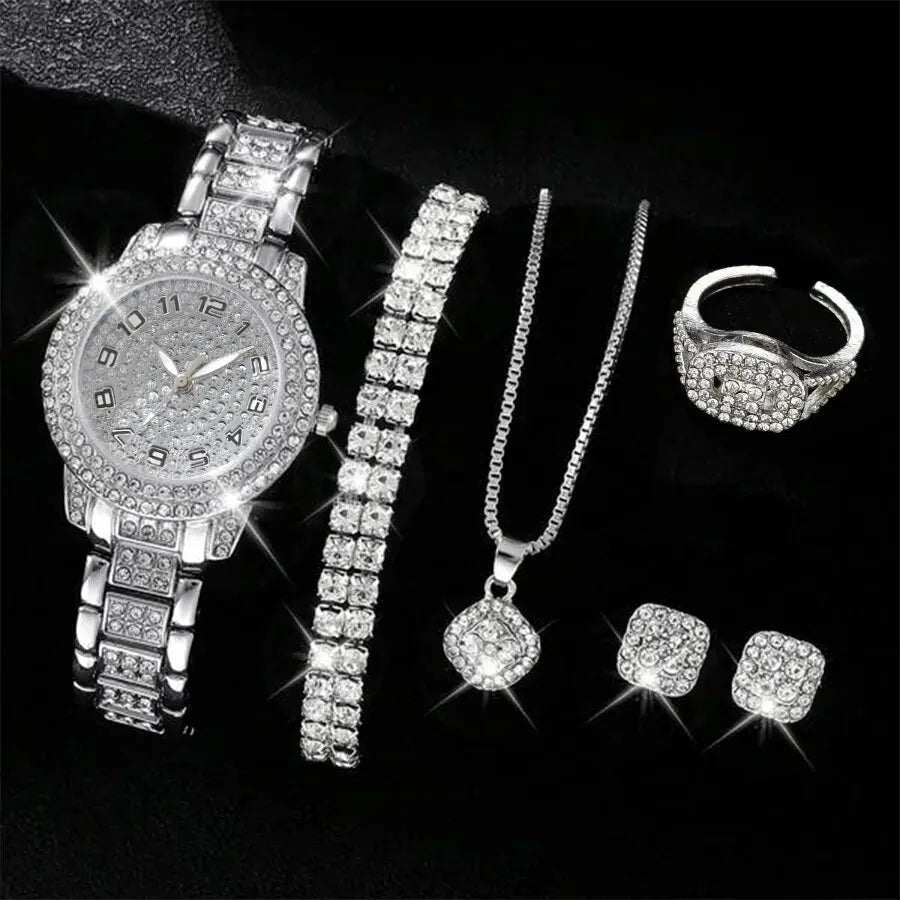Reloj Elegante para Mujer – Set de 6 Piezas con Pulseras de Aleación y Cristales