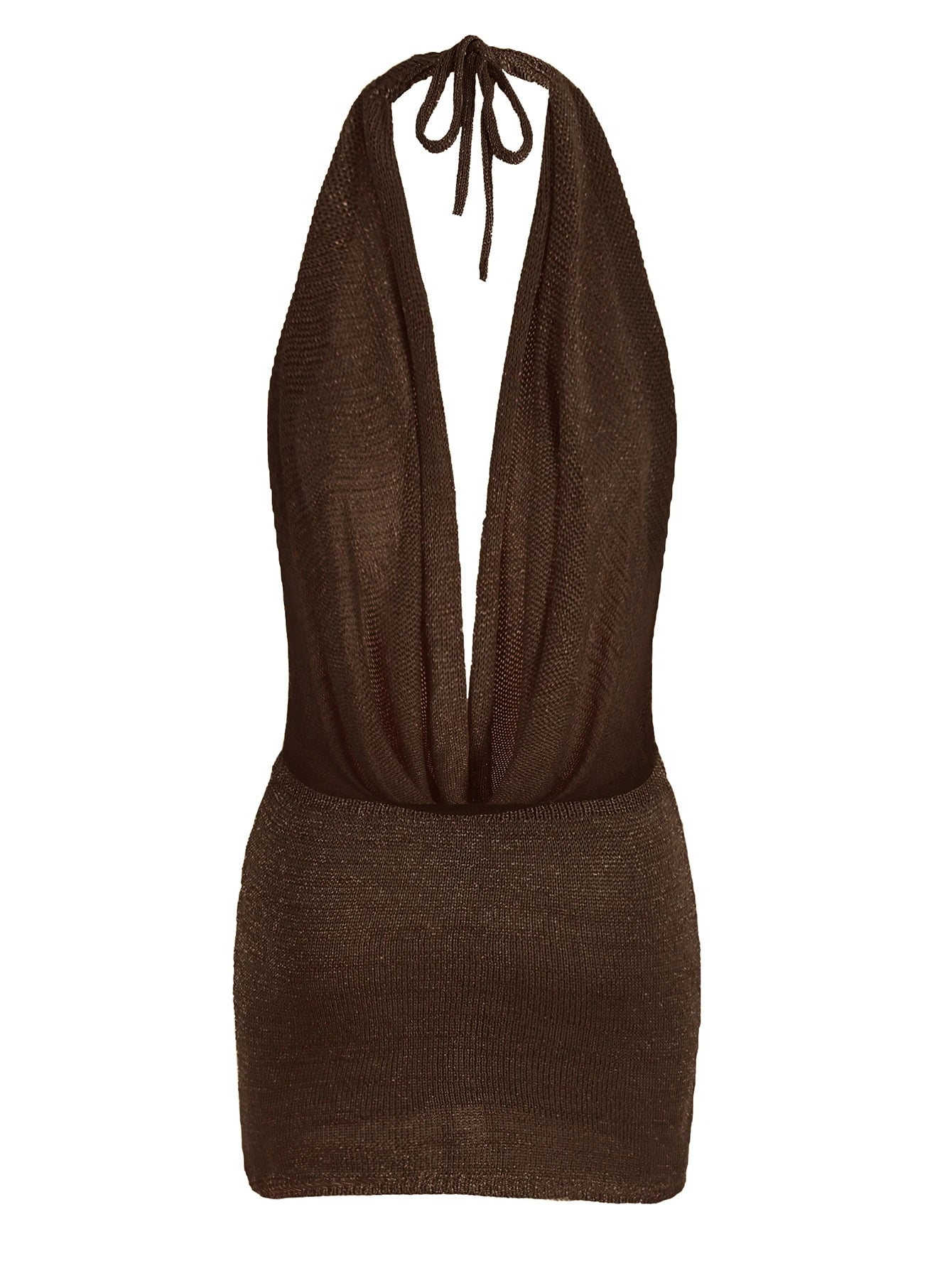Vestido mini de praia para mulher, modelo 2026, sexy, com decote profundo em V, tecido tipo seda brilhante, malha (knit), costas descobertas