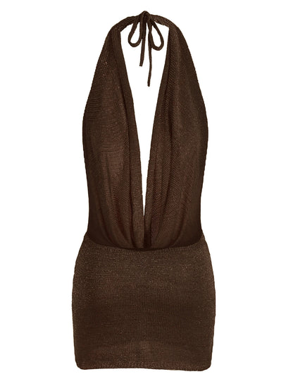 Vestido mini de praia para mulher, modelo 2026, sexy, com decote profundo em V, tecido tipo seda brilhante, malha (knit), costas descobertas