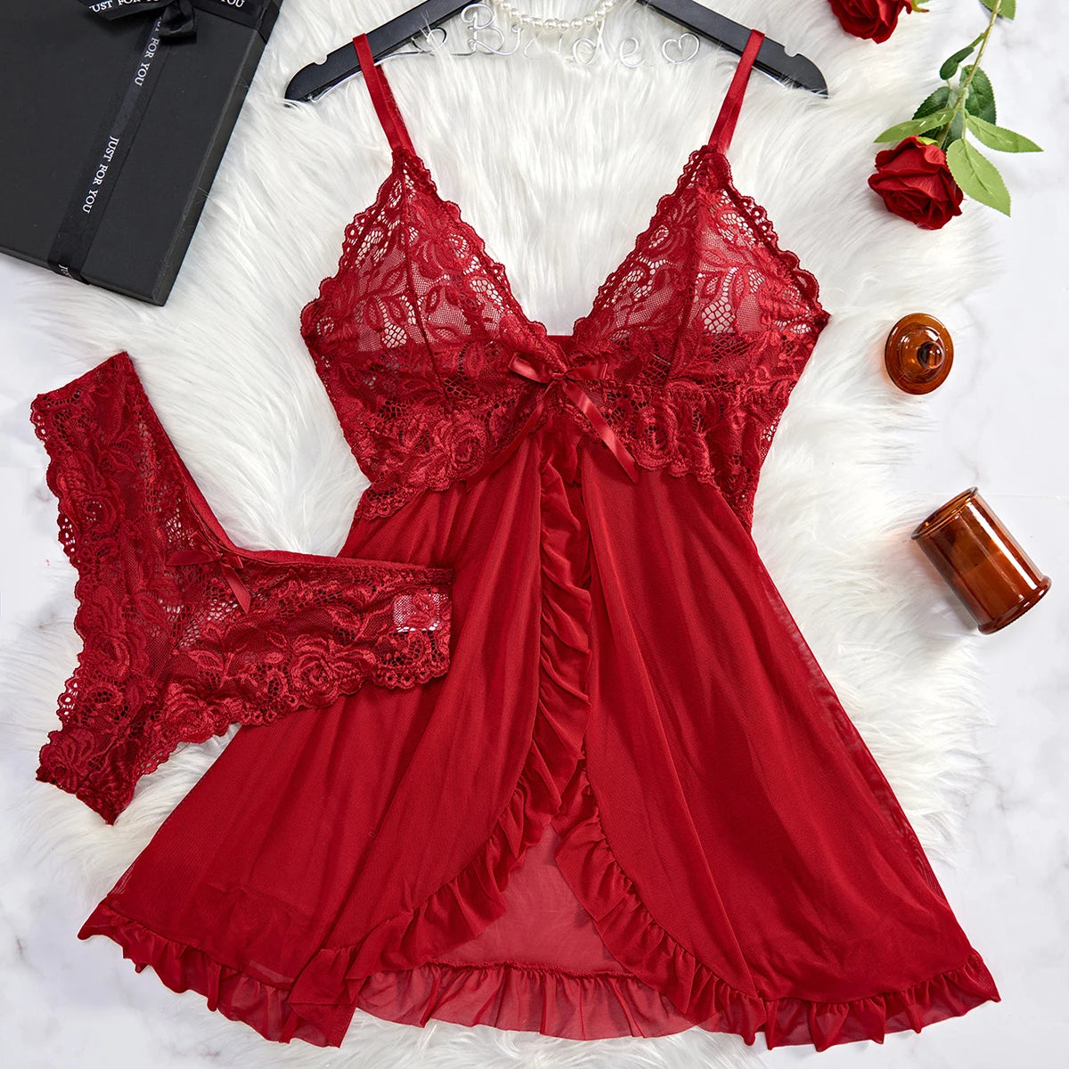 Vestido de Noite Sexy de Renda Transparente - Lingerie de Verão para Mulher, Pijama em V Macio e Ajustado - Roupa de Dormir & Vestidos