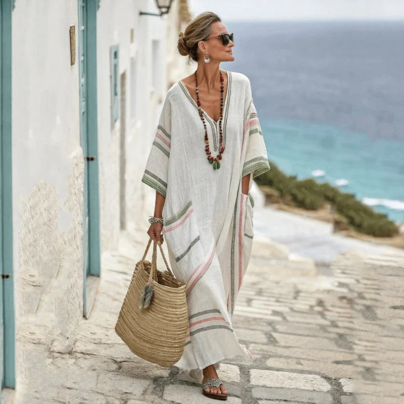 Vestido de praia Maxi Boémio Feminino com Bolsos e Decote em V