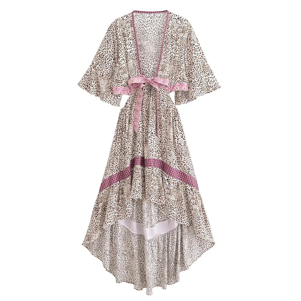 Vestido Boho Queens, com recortes (hollow out), sexy, ideal para praia, com mangas curtas, corte assimétrico