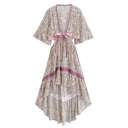 Vestido Boho Queens, com recortes (hollow out), sexy, ideal para praia, com mangas curtas, corte assimétrico