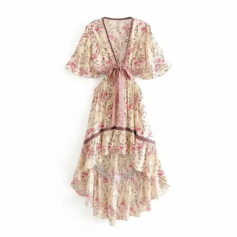 Vestido Boho Queens, com recortes (hollow out), sexy, ideal para praia, com mangas curtas, corte assimétrico