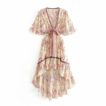 Vestido Boho Queens, com recortes (hollow out), sexy, ideal para praia, com mangas curtas, corte assimétrico