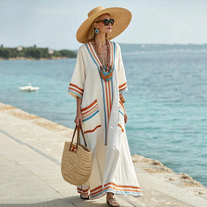 Vestido de praia Maxi Boémio Feminino com Bolsos e Decote em V