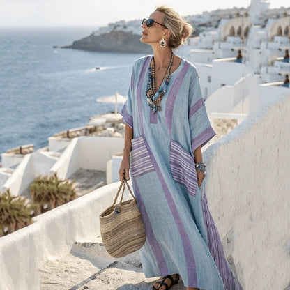 Vestido de praia Maxi Boémio Feminino com Bolsos e Decote em V