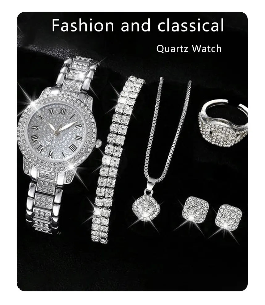 Reloj Elegante para Mujer – Set de 6 Piezas con Pulseras de Aleación y Cristales