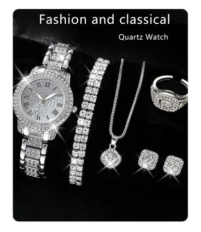 Reloj Elegante para Mujer – Set de 6 Piezas con Pulseras de Aleación y Cristales