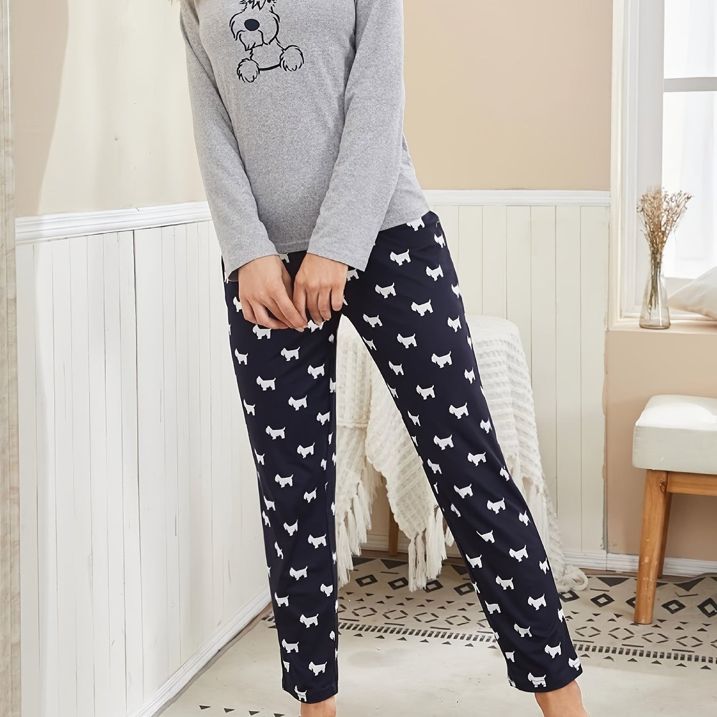 Pijama con estampado de perro, camiseta de manga larga con cuello redondo y pantalones con cintura elástica