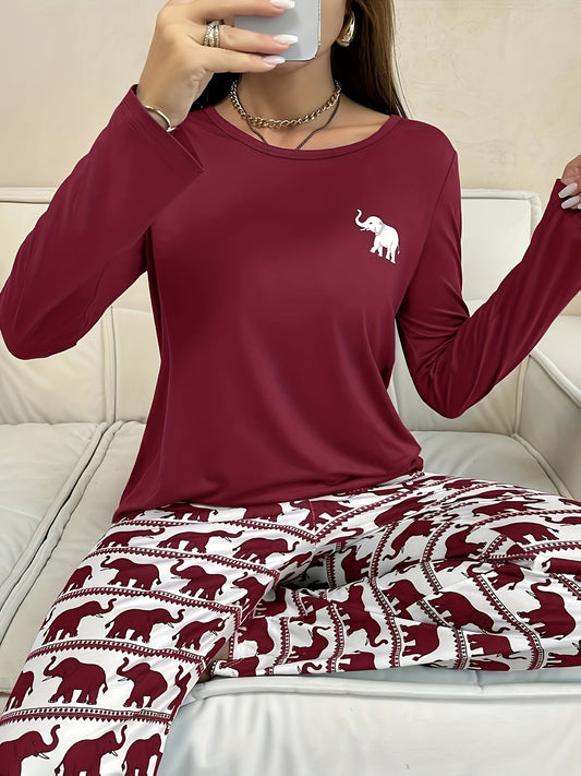 Pijama con estampado de elefante, manga larga con cuello redondo y pantalones.