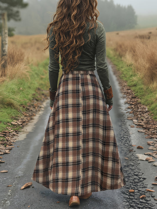 Falda larga de mujer con diseño de cuadros marrón y beige – Tejido fluido, elegante y versátil