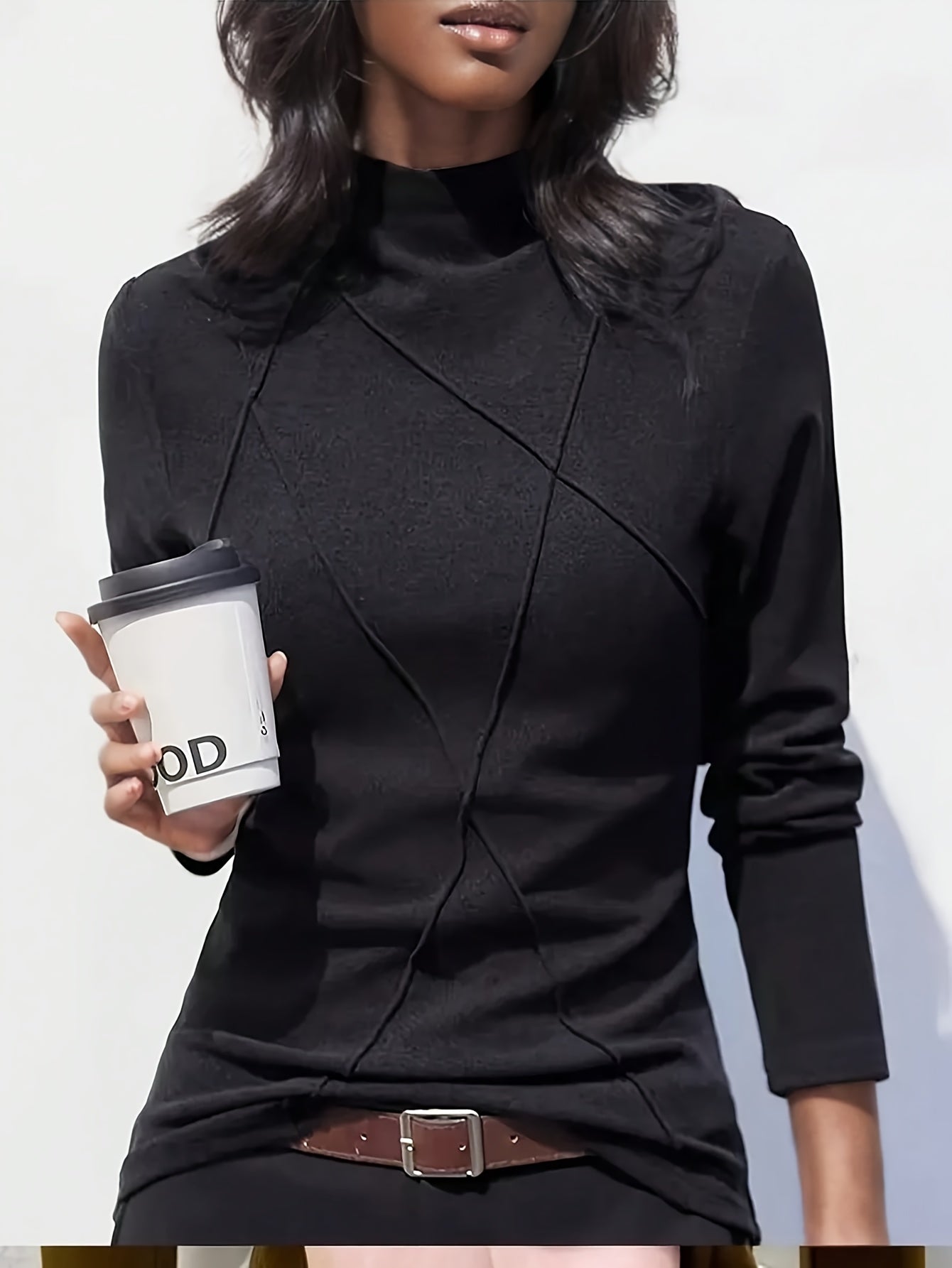 Camiseta jersey térmica de terciopelo con Cuello Redondo y Diseño Patchwork para Mujer